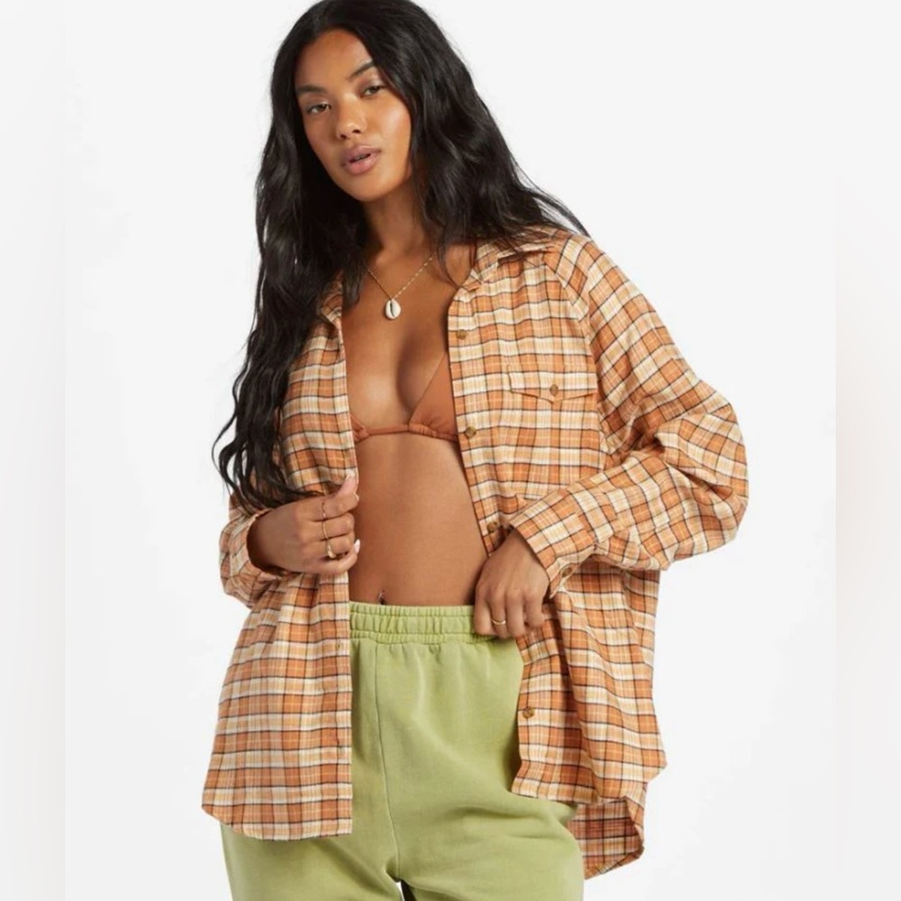 NWT! BILLABONG Best Time Plaid Long Sleeve Oversized Shirt Cotton Flannel S